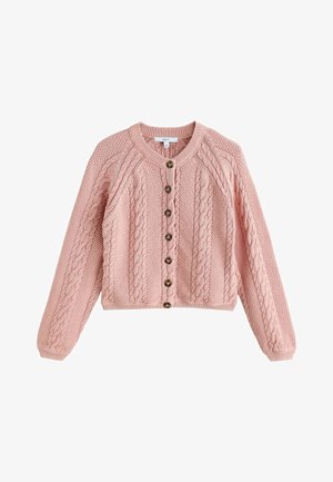 Roosa soonikkoega kardigan palmikutega, ümarsilmaauk, pikad varrukad ja seitse tumedat nööpi esiküljel.