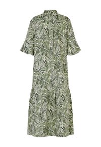 Vihreä lehtikuvioinen mekko, jossa on lyhyet hihat, napitettava kaulus ja löysä malli. Sisältää levenevän hameen ja tekstuuripinnoitteen.