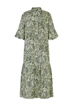 Grön blommönstrad klänning med korta ärmar, knäppning med knapp och en lös passform. Har en utsvängd kjol och texturert tyg.