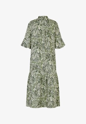 Vestido verde con estampado de hojas, de manga corta, con cuello de botones y un corte holgado. Presenta una falda acampanada y una tela texturizada.