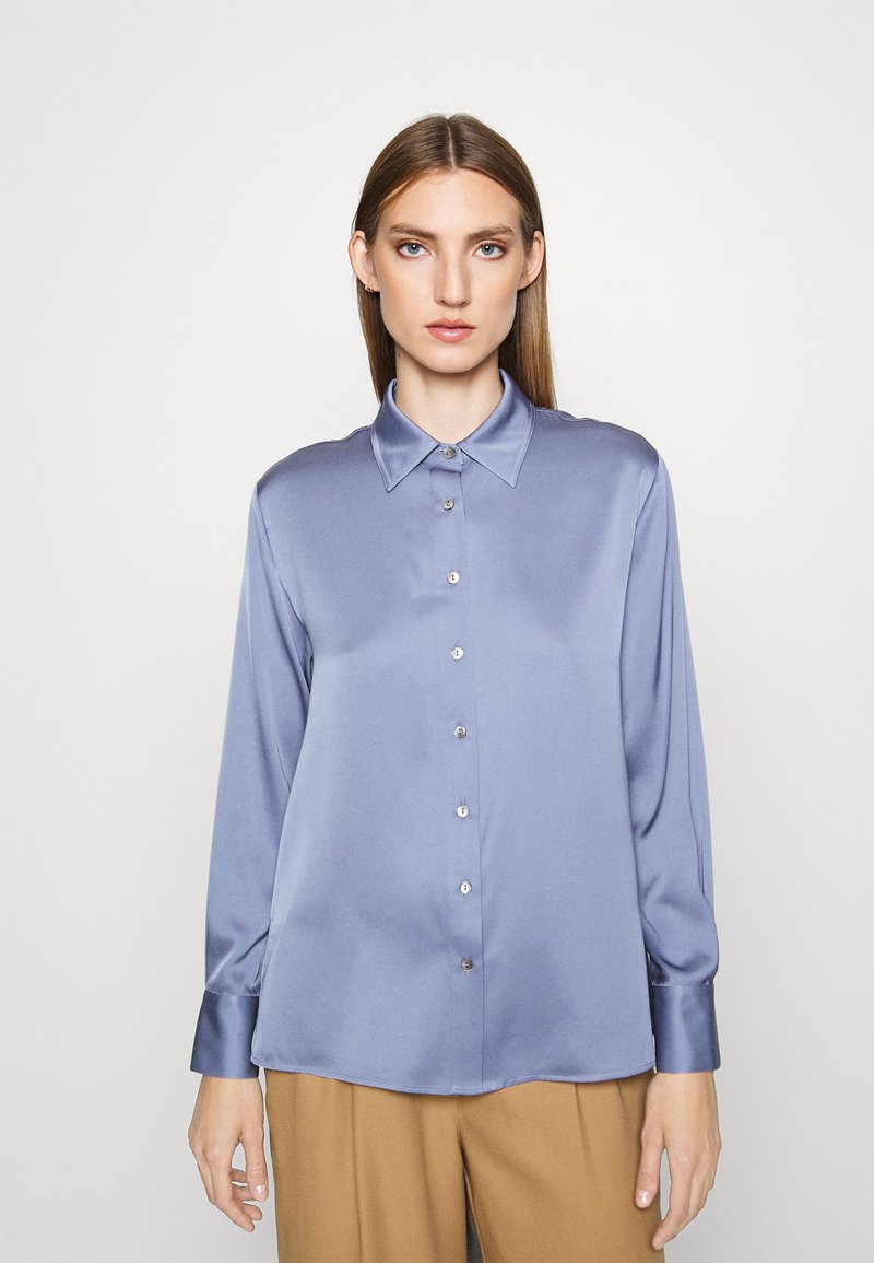 Blue Button Down Women Silk Blouse