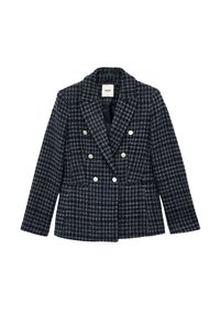 Navyblauw tweed blazer met een ruitpatroon, dubbele knopen, witte knopen en een sjal kraag. Gestructureerde stof en gestructureerde pasvorm.