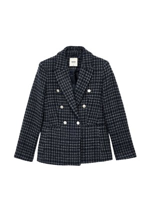 Mørkeblå tweed blazer med ternet mønster, dobbeltradet design, hvide knapper og sjalskrave. Teksturområde og struktureret pasform.