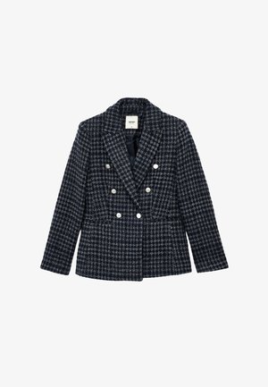 Marineblaues Tweed-Blazer mit Karomuster, doppelreihigem Design, weißen Knöpfen und Schalkragen. Strukturiertem Stoff und taillierter Passform.