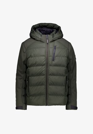 Groene pufferjas met capuchon, gevoerde vormgeving, voorzichtingsrits en ritszakken. Beschikt over contrasterende texturen en gedetailleerde stiksels.
