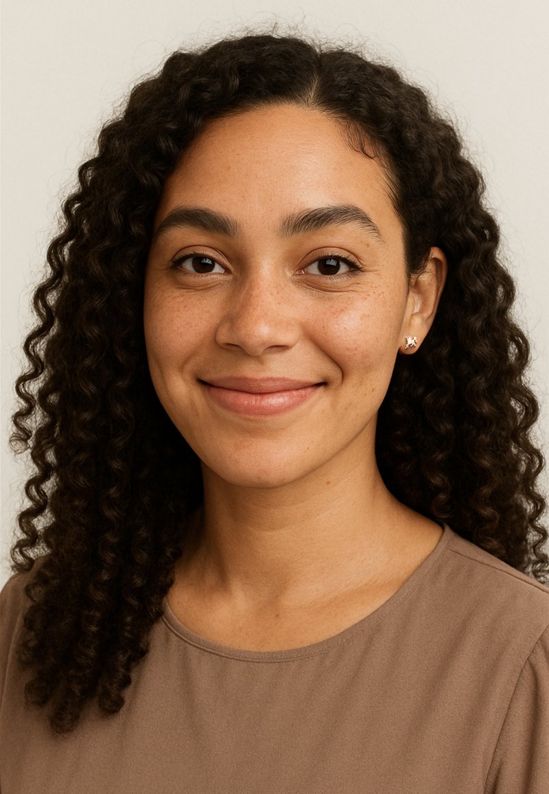 Portrait d'une personne avec des cheveux bouclés châtain foncé, portant un haut marron clair et de petites boucles d'oreilles en argent, souriant devant un arrière-plan neutre.