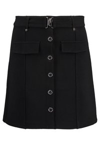 Jupe noire en tissu tissé, dotée d'une taille haute, de boutons sur le devant, de deux poches plaquées et d'une ceinture avec une fermeture en métal.