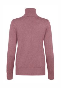 Pulover sv sweater iz mehke, teksturirane mauve pletenine. Ima visok ovratnik in dolge rokave, s rebrastimi manšetami in robom.