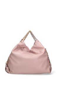 Grote roze handtas van glad materiaal, met eenGathered top en twee- kleuren kettinghandvaten. Zacht, minimalistisch ontwerp zonder zichtbare patronen.