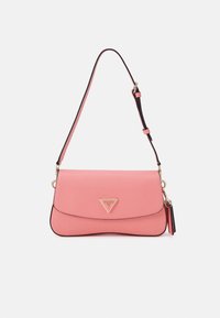 Borsa a tracolla in pelle rosa con finitura testurizzata, logo triangolare oro e rifiniture nere. Dotata di una lunga tracolla regolabile per un uso versatile.