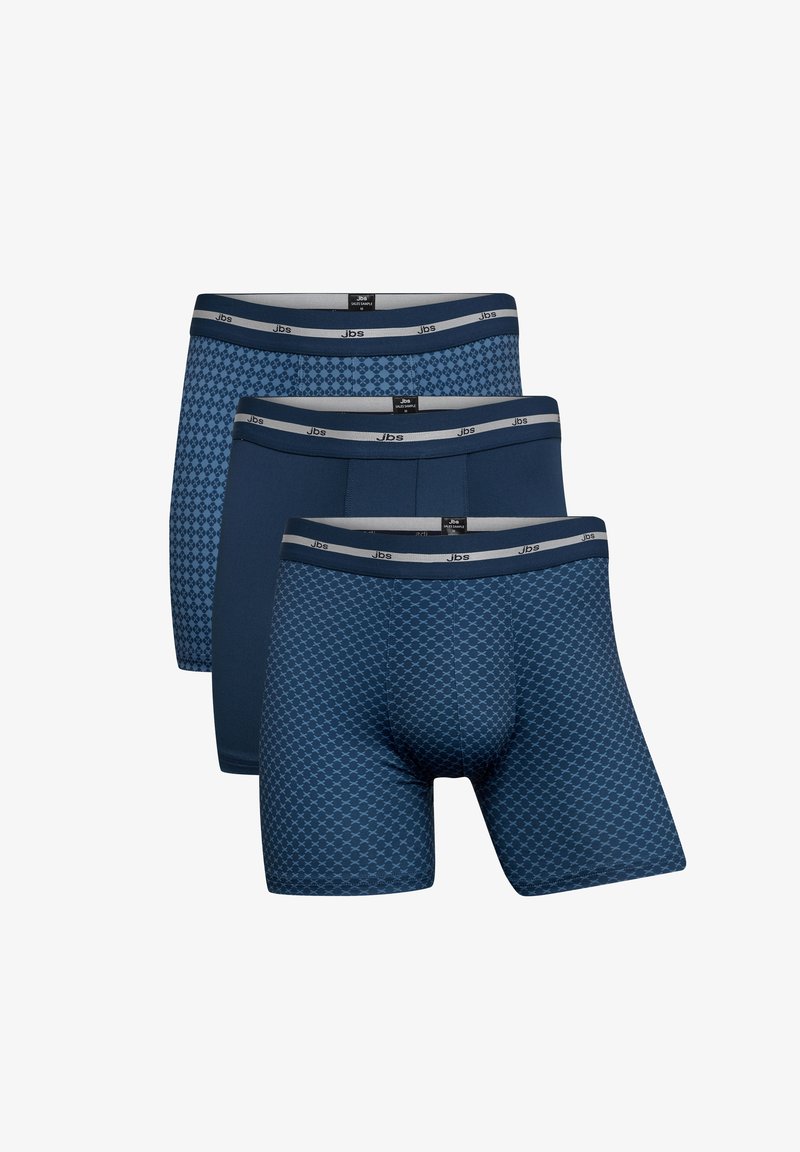 Tre par herre boxershorts i forskellige nuancer af blå. Materialet har en glat tekstur med geometriske mønstre og en elastisk talje.