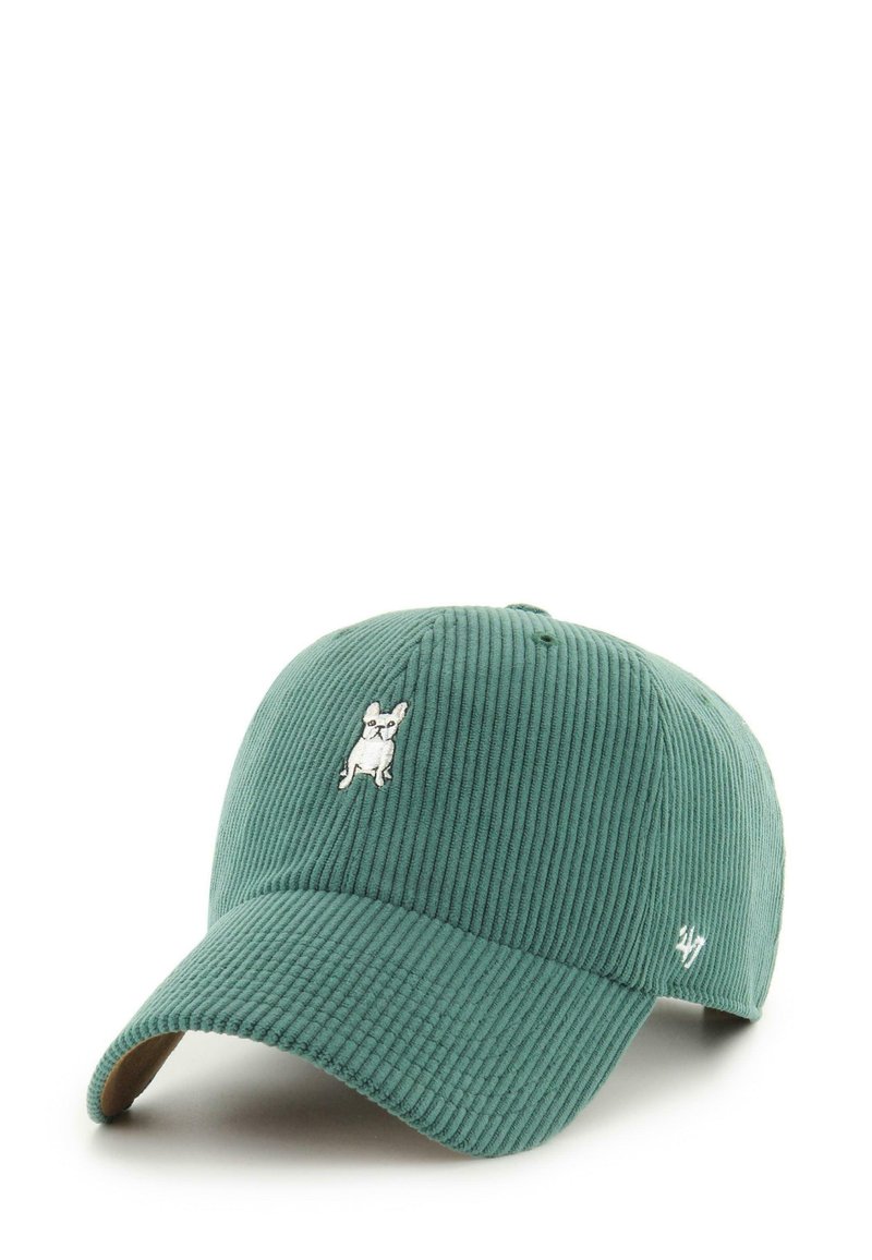 Green corduroy cap featuring a white embroidered French bulldog on the front and a brown underside of the visor.