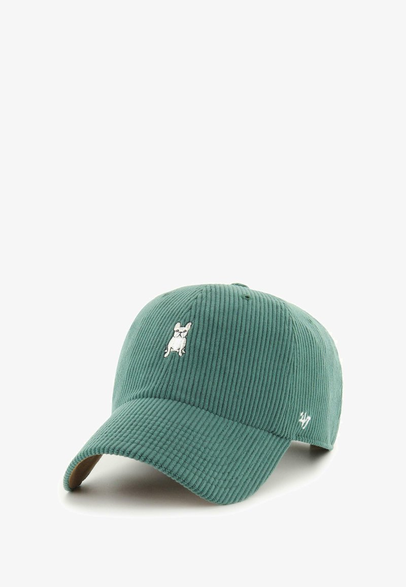 Grüne Cordmütze mit einem weißen gestickten Französischen Bulldoggen-Motiv auf der Vorderseite und einer braunen Unterseite des Schirms.