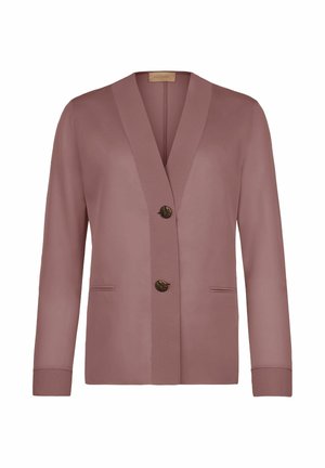 Mauve langærmet blazer med dyb V-udskæring, to forreste knapper, to slidser i lommerne og manchetærmer.