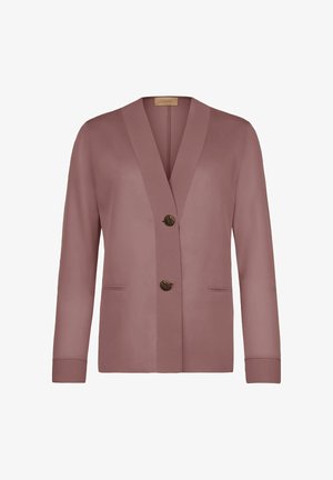 Mauve long-sleeve blazer with deep V-neck, two front buttons, two slit pockets, and cuffed sleeves.