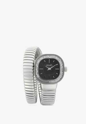 Montre-bracelet Liu Jo ton argent avec cadran carré noir, lunette en cristal, et bracelet métallique flexible en spirale enroulé autour du présentoir.