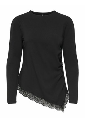 Chemise noire à manches longues avec encolure ronde, ourlet asymétrique et bordure en dentelle sur le bas, d'un côté.