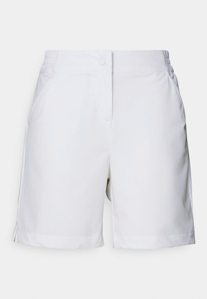 Bílé šortky vyrobené z lehkého materiálu, s hladkým povrchem, elastickým pasem a bočními kapsami, s jednoduchým designem.