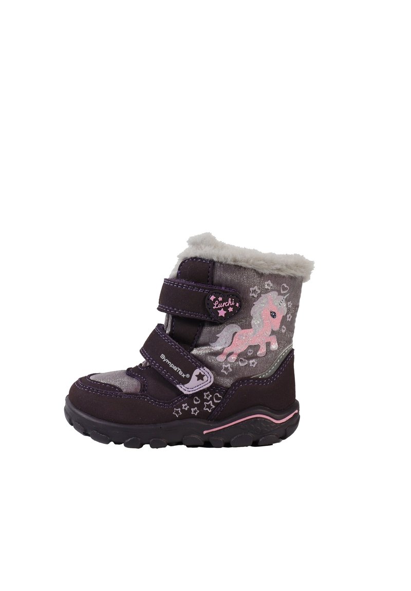 Botín morado para niño pequeño con parte superior sintética gris, forro suave, dos correas ajustables de Velcro y diseños coloridos de unicornios y estrellas.