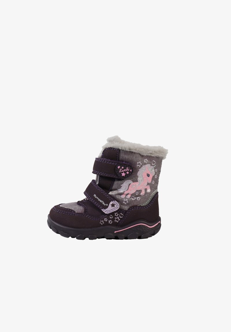 Botín morado para niño pequeño con parte superior sintética gris, forro suave, dos correas ajustables de Velcro y diseños coloridos de unicornios y estrellas.