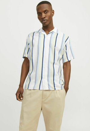 Chemise à manches courtes avec boutons, ornée de rayures verticales dans des tons de bleu et de blanc. Tissu léger avec un col de style camp.