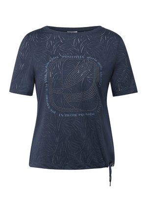 Navy blue short-sleeve T-shirt with a leaf pattern, featuring a graphic print and drawstring detail at the hem. Soft, textured fabric.