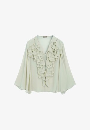 Hellgrüne Bluse mit tiefem V-Ausschnitt, fließenden Ärmeln und einem Vorderteil mit geschichteten Rüschen und strukturierten Kanten.