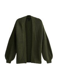 Oliivinvihreä neulottu neuletakki, jossa leveät hihat, avoin etuosa ja teksturoitu kuvio. Reunoissa ja vartalossa on resorikuviointia.