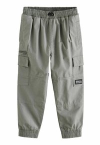 Groene cargobroek met een elastische tailleband, twee zijzakken en een ritszak. Kenmerkt zich door een label met de merknaam "BAKER."