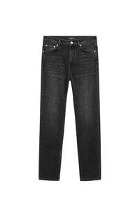 Jeans noirs droits avec cinq poches, passants pour ceinture, fermeture par bouton et détails subtilement délavés.