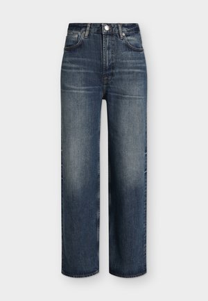 Jean droit taille haute bleu foncé avec poches avant, passants de ceinture, fermeture par bouton et détails délavés subtils sur les cuisses et les genoux.