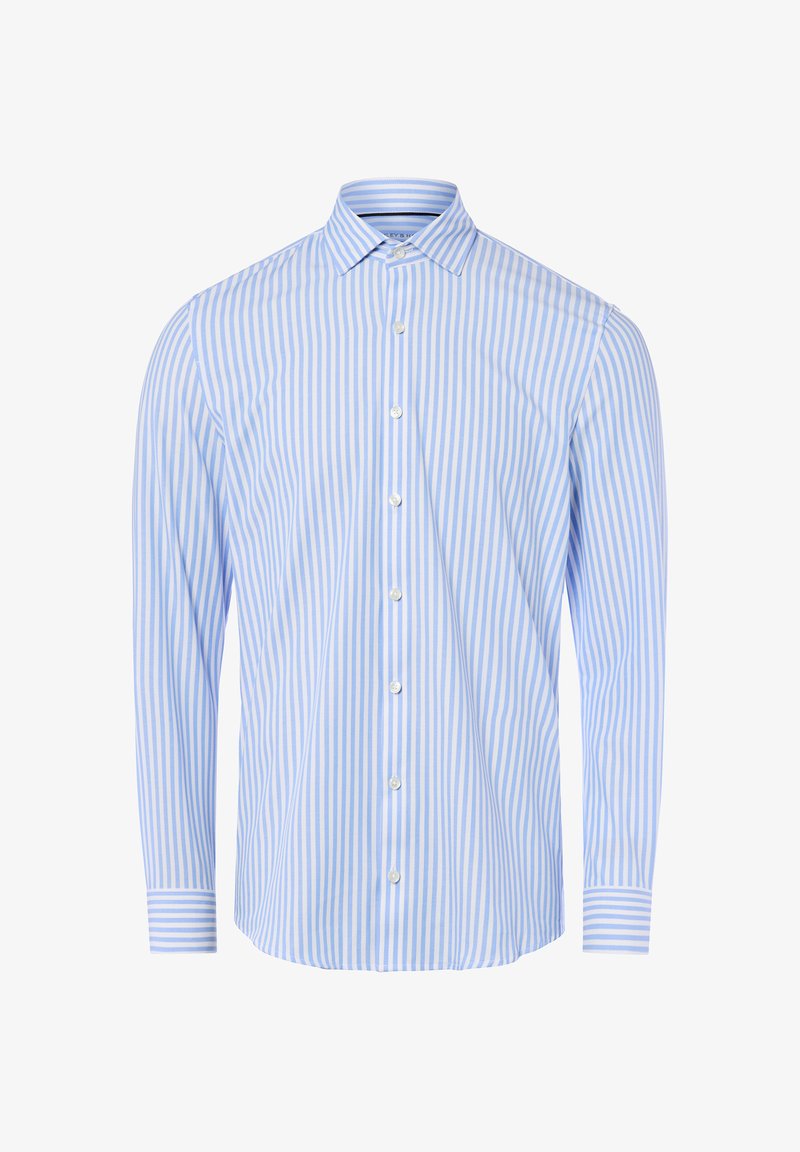 Camicia a maniche lunghe azzurro chiaro con strisce verticali bianche, colletto button-down e bottoni trasparenti. Presenta polsini a righe a contrasto.