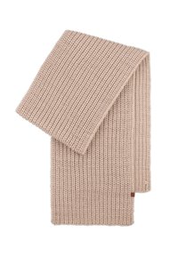 Sweter w jasnym beżu, z prążkowaną teksturą i długim, prostokątnym kształtem. Tkanina wydaje się miękka i ciepła. Zawiera widoczny metkę z logo.