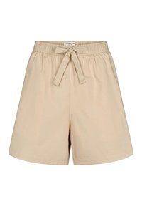 Bézs színű pamut rövidnadrág, rugalmas derékpánttal, megkötővel és laza szabással. Sima textúra, térdig érő fazon, zseb nélküli és mintamentes.