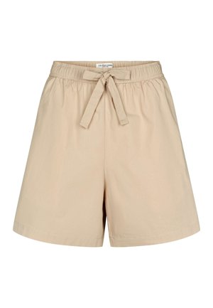Beige katoenen korte broek met een elastische tailleband, aantrekkoord en een ontspannen pasvorm. Gladde textuur, knielang, zonder zakken of patronen.