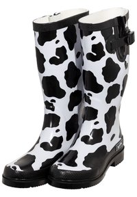 Cow-print rain boots featuring a shiny black and white design, made of rubber with a textured sole and a side strap for closure.
