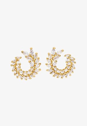 Goudkleurige oorringen met gegroepeerde marquise geslepen heldere kristallen, met een kronkelend ontwerp. Gladde afwerking met glanzende accenten.