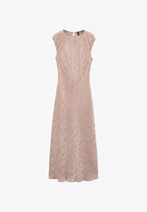 Maxi šaty z jemného ružového materiálu s decentným kvetinovým vzorom, s krátkymi rukávmi a okrúhlym výstrihom s uzáverom na chrbte.