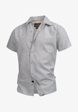 Kortermet skjorte, lysegrå, lin-blanding, knapper foran, avslappet passform, subtil tekstur, og svart merkelapp på siden.