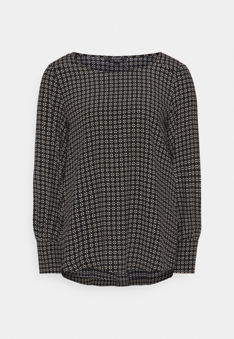Schwarze Bluse mit langen Ärmeln, die ein geometrisches weißes Muster aufweist, runden Ausschnitt und einen leicht lockeren Schnitt hat. Glattes Material mit entspanntem Stil.