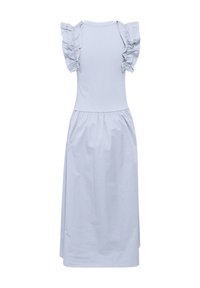 Ljusblå bomullsklänning med volangiga korta ärmar, figursydd bodice och utsvängd kjol. Slät textur och elastisk midja för komfort.