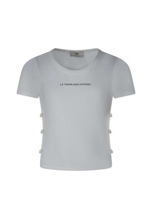 Top court à manches courtes blanches côtelées avec encolure ronde, détails de boutons sur le côté et texte "LE TEMPS DES CERISES" au centre avant.