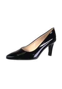 Escarpin en cuir verni noir avec un bout pointu et un talon de 3 pouces. Surface lisse avec une finition brillante et un intérieur beige neutre.