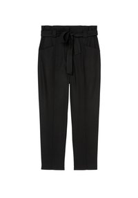Pantalons noirs taille haute, avec deux poches avant et une ceinture à nouer. Tissu lisse avec une coupe droite.