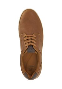 Brown leather shoe with a rounded toe, textured upper, and lace-up design. Features a gray accent near the heel and a simple logo on the tongue.