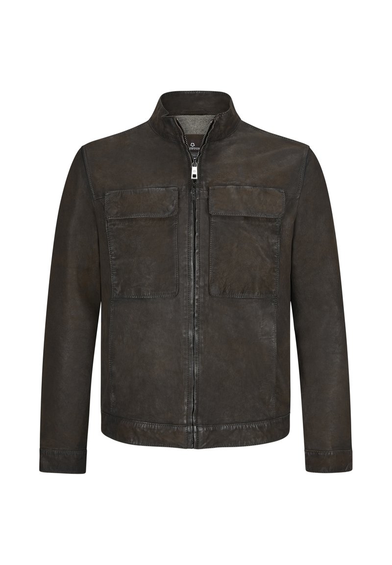 Braune Lederjacke mit hohem Kragen, Frontreißverschluss, zwei Brusttaschen und glatter Textur. Einfaches Design ohne sichtbare Hardware-Akzente.