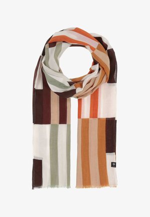 Leichter Schal mit vertikalen und horizontalen Streifen in Orange-, Braun-, Beige-, Grün- und Weißtönen, oben locker geschlungen.