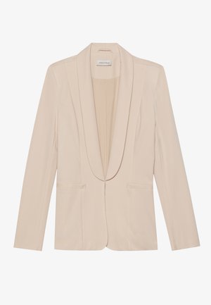 Beige op maat gemaakte blazer met een sjawlboord, twee voorzakken en een gladde stof. Beschikt over een sluiting met één knoop en een gestructureerde pasvorm.