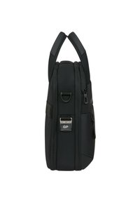 Black shoulder bag with padded handles, two zippered compartments, and a silver logo accent. Textured finish and durable fabric material.