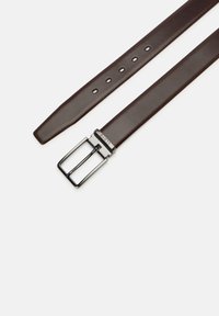 Dark brown leather belt with metal buckle engraved "LLOYD," five adjustment holes, shown fully extended on white background.